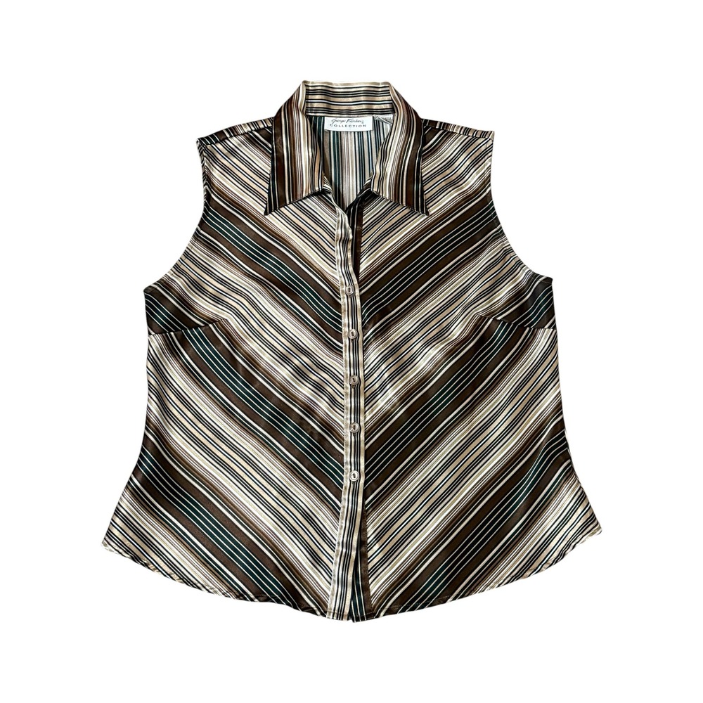 Giorgio Fiorlini Vintage Brown Striped Sleeveless Button Down Blouse Satin Large